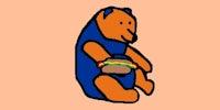 a cartoon teddy bear holding a hamburger