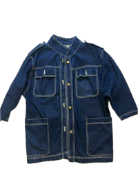 a blue denim jacket with buttons and pockets