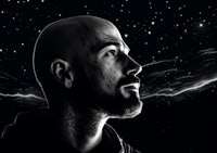 a black and white drawing of a man looking up at the stars