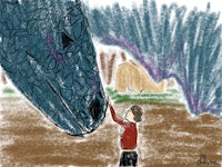 a drawing of a boy reaching out to a blue dragon