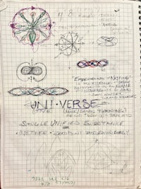 a notebook with various drawings on it