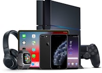 a group of electronic devices, including an iphone, a ps4 and a pair of headphones