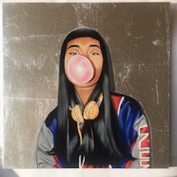 a painting of a girl blowing a bubble