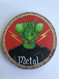 a wooden plaque with a green lizard on it
