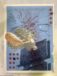 a painting of a hot dog with stars on it