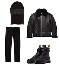 a black leather jacket, jeans, boots and a beanie