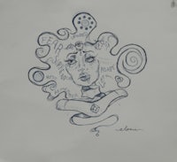 a drawing of a woman with words on her head
