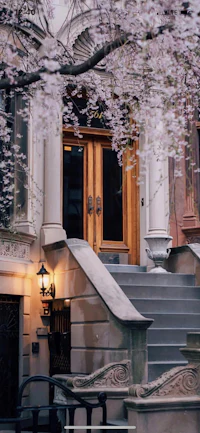 a staircase leading to a house with cherry blossoms