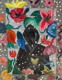 a painting of a black man with flowers in the background