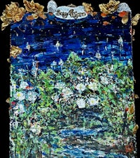 a painting of a night scene with flowers and leaves