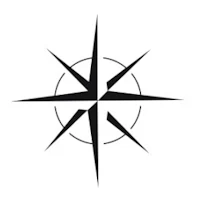 a black and white compass symbol on a white background