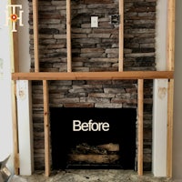 a fireplace with a stone mantel before and after
