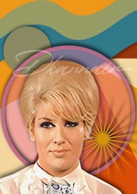 an image of a woman with blonde hair in front of a colorful background