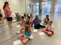 a group of children sitting on the floor in a dance class