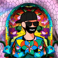 a cartoon of a man with sunglasses in front of a stained glass