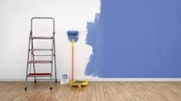 painting a room with blue paint and a ladder