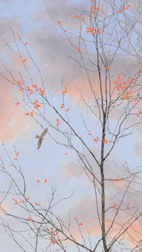 a painting of an owl flying over a tree with red leaves