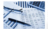 a blue background with a pen, glasses, and a calculator