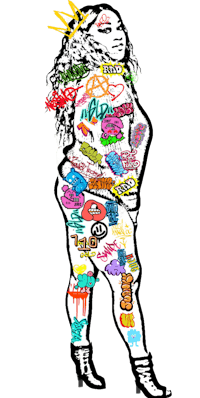 a woman with a lot of stickers on her body