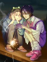 two girls sitting on a dock with sparklers in their hands