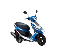 a blue and white scooter on a black background