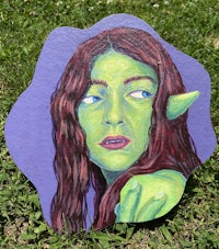 a painting of a green elf with long hair