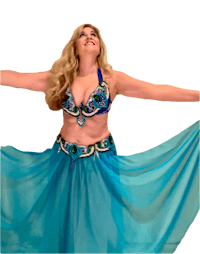 a woman in a blue belly dance costume