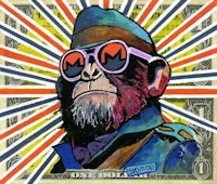 a painting of a chimpanzee wearing sunglasses and a hat