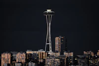 the space needle is lit up at night in seattle