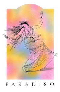 a woman in a colorful dress with the word paradiso on it