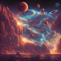 a painting of a space scene with planets in the background