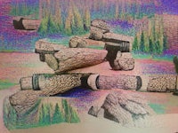a 3d image of a pile of rocks and logs