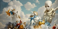 a painting of a group of people in the clouds