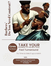 a flyer for a barbershop with a man and a woman