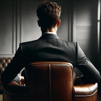 a man in a suit sitting in a leather chair