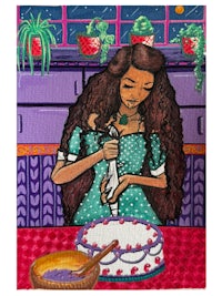 a painting of a girl cutting a cake