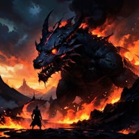 an image of a dragon on fire with a man in front of it
