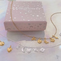 a box with a necklace, earrings, and charms