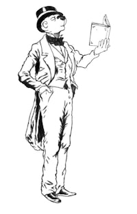 a black and white drawing of a man holding a book
