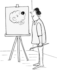 a cartoon of a woman looking at an easel with a bear on it