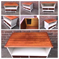 a collection of photos of a wooden tv stand