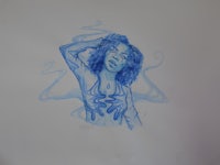 a drawing of a woman with blue hair