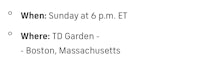 when sunday at 6 pm et where td garden boston, massachusetts