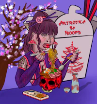 an illustration of a woman eating a bowl of ramen