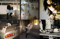a collage of photos with a woman smoking a cigarette and a cat
