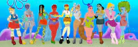 a group of cartoon characters standing next to each other