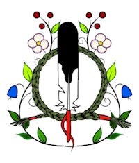 a black and white emblem with a feather and flowers