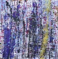 an abstract painting with purple, blue, and yellow splatters