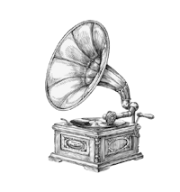 a drawing of a gramophone on a black background