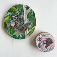 two paintings of a sloth hanging on a tree